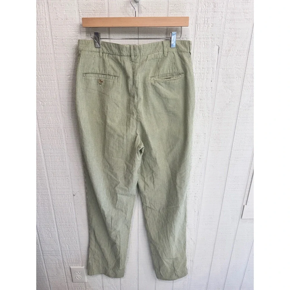J.Crew Pleated Trousers Mens Green White Seersucker Striped Cotton Pants 33